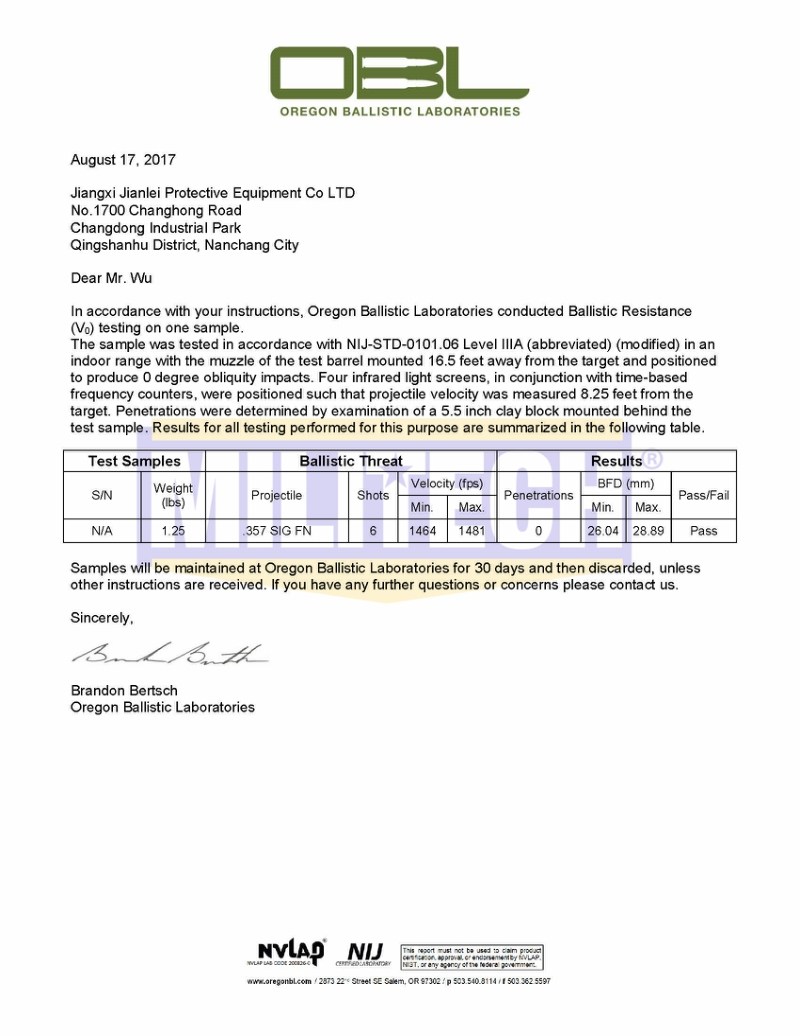 Bulletproof Vest OBL NIJ IIIA 0101.06 .357 SIG Test Report 1